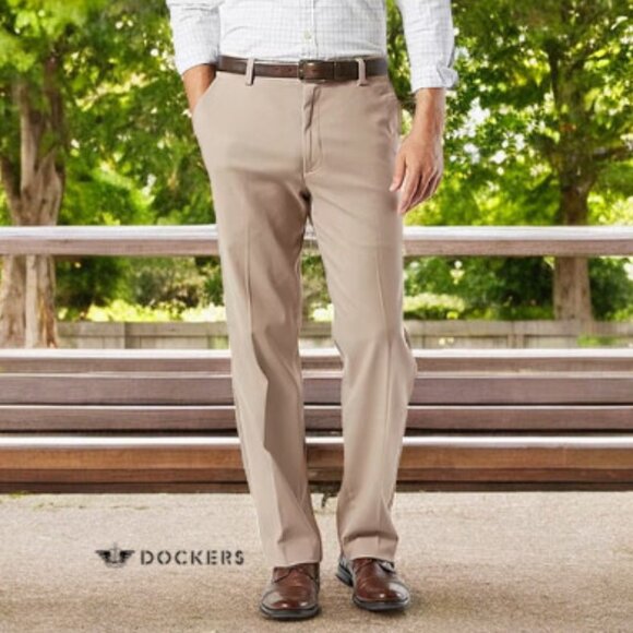 Dockers Classic Fit Khaki Tan Mens Straight Fit Flat Front Casual Straight Pants - Picture 1 of 10